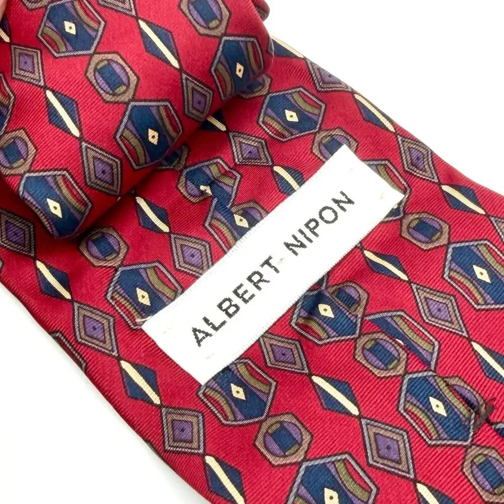 Vintage 90s Albert Nipon Silk Red Navy Geometric Necktie